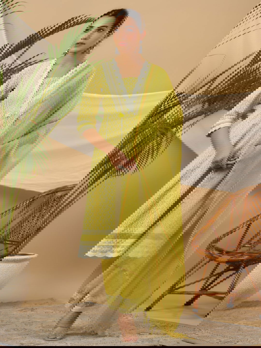 Juniper Ethnic Motif Print & Lacy Pure Cotton Kurta With Pant & Dupatta Set With Sequin Button & Tassel