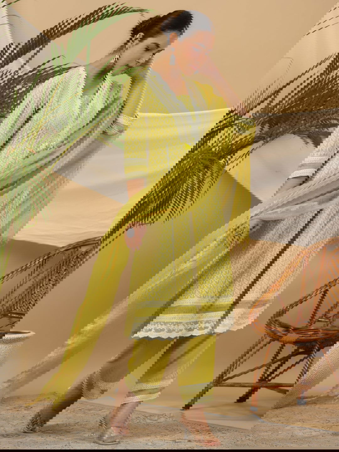 Juniper Ethnic Motif Print & Lacy Pure Cotton Kurta With Pant & Dupatta Set With Sequin Button & Tassel