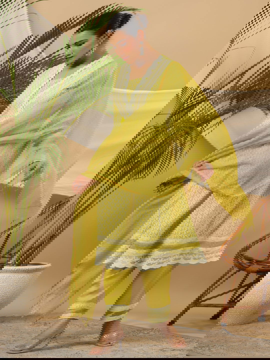 Juniper Ethnic Motif Print & Lacy Pure Cotton Kurta With Pant & Dupatta Set With Sequin Button & Tassel