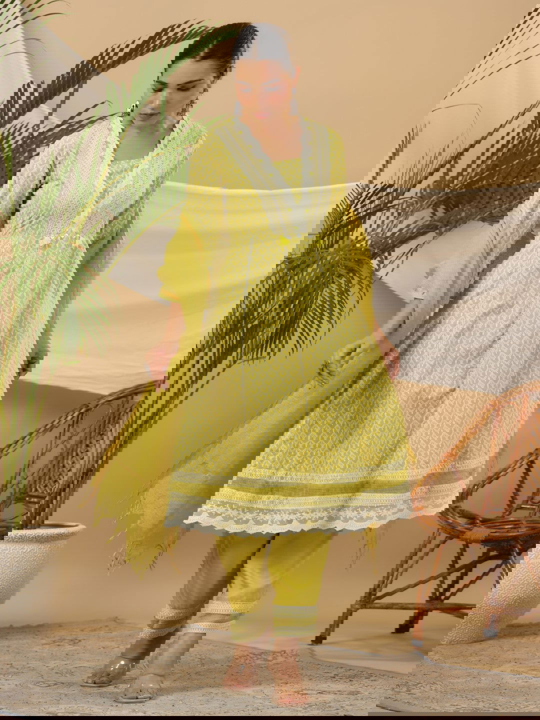 Juniper Ethnic Motif Print & Lacy Pure Cotton Kurta With Pant & Dupatta Set With Sequin Button & Tassel