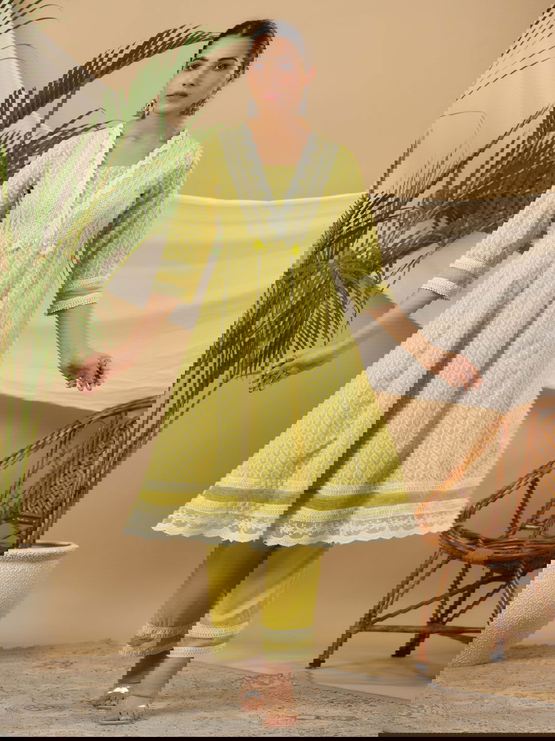 Juniper Ethnic Motif Print & Lacy Pure Cotton Kurta With Pant & Dupatta Set With Sequin Button & Tassel