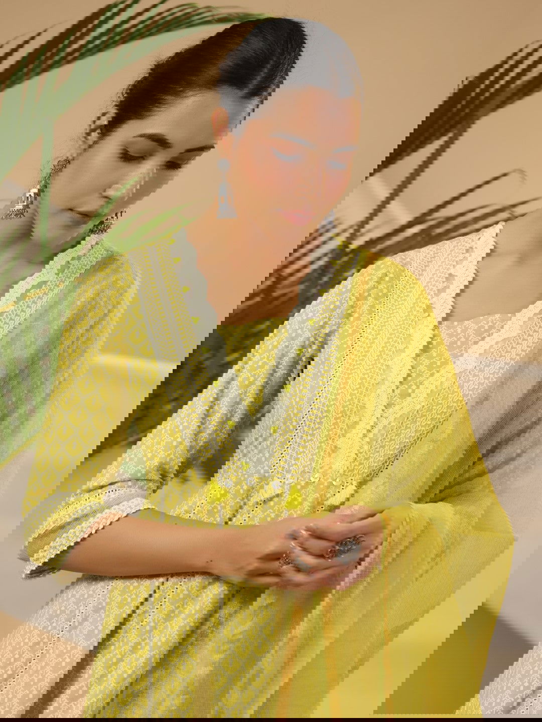 Juniper Ethnic Motif Print & Lacy Pure Cotton Kurta With Pant & Dupatta Set With Sequin Button & Tassel