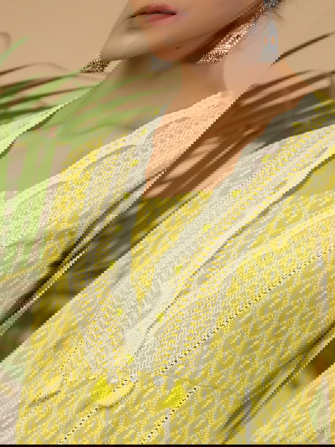 Juniper Ethnic Motif Print & Lacy Pure Cotton Kurta With Pant & Dupatta Set With Sequin Button & Tassel