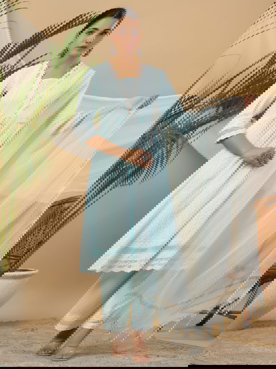 Juniper Ethnic Motif Print & Lacy Pure Cotton Kurta With Pant & Dupatta Set With Tassel Sequin & Buttons