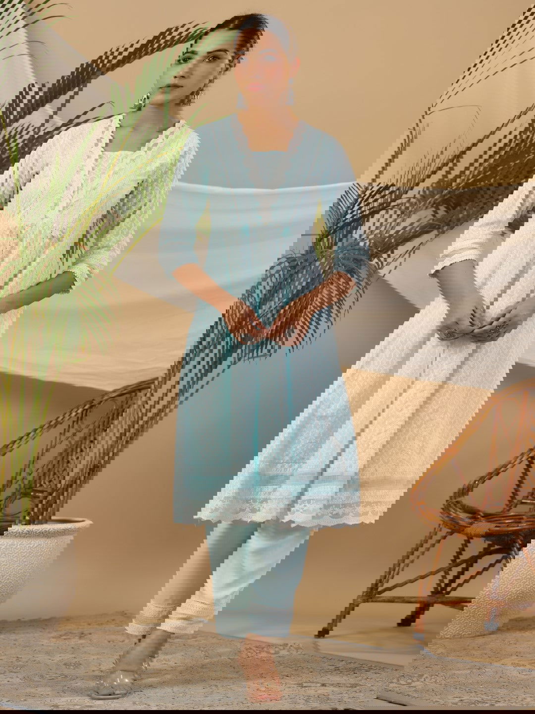 Juniper Ethnic Motif Print & Lacy Pure Cotton Kurta With Pant & Dupatta Set With Tassel Sequin & Buttons