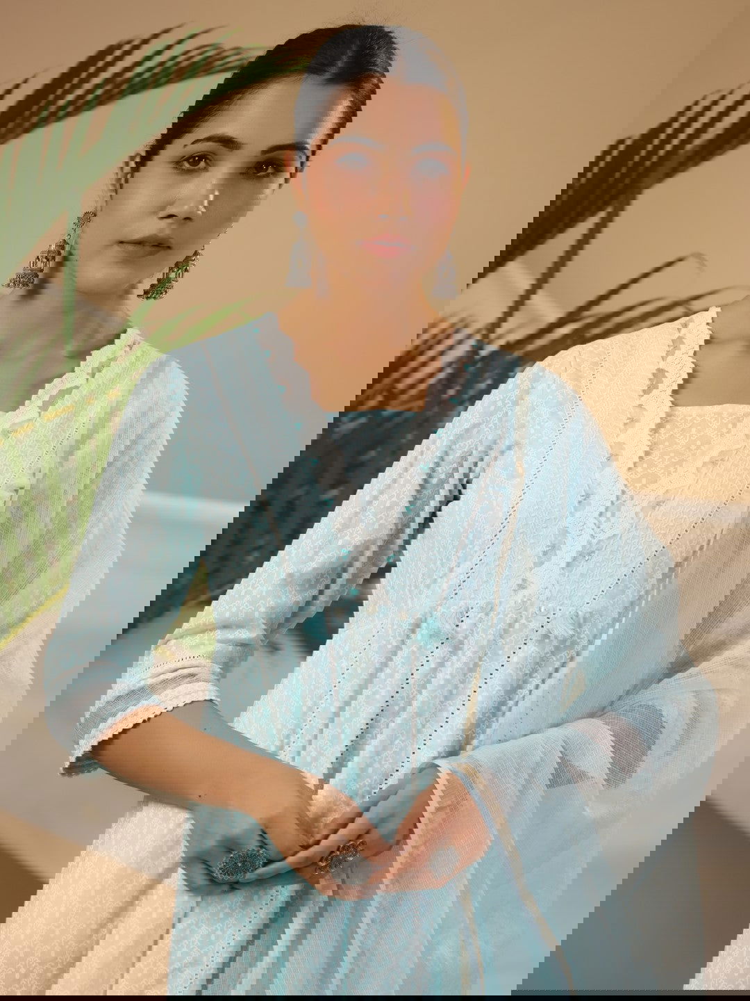 Juniper Ethnic Motif Print & Lacy Pure Cotton Kurta With Pant & Dupatta Set With Tassel Sequin & Buttons