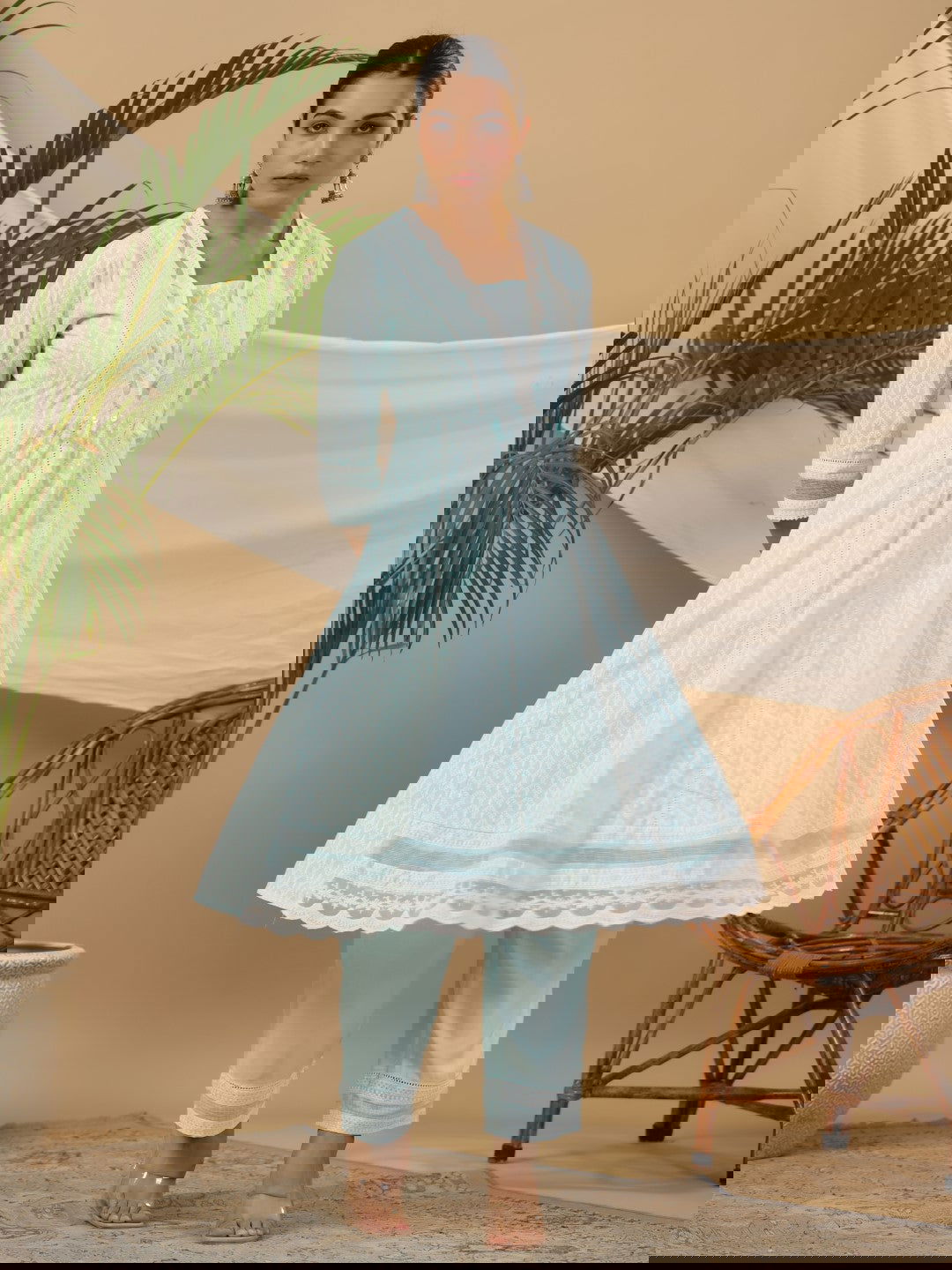 Juniper Ethnic Motif Print & Lacy Pure Cotton Kurta With Pant & Dupatta Set With Tassel Sequin & Buttons