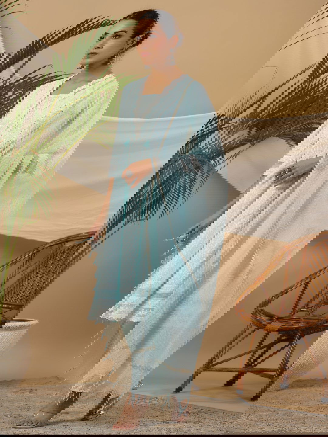 Juniper Ethnic Motif Print & Lacy Pure Cotton Kurta With Pant & Dupatta Set With Tassel Sequin & Buttons