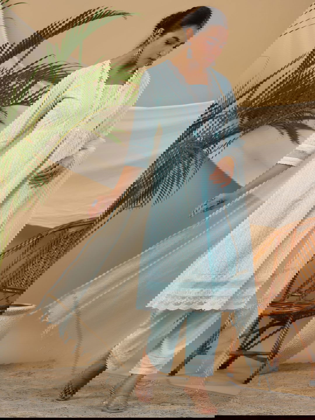 Juniper Ethnic Motif Print & Lacy Pure Cotton Kurta With Pant & Dupatta Set With Tassel Sequin & Buttons