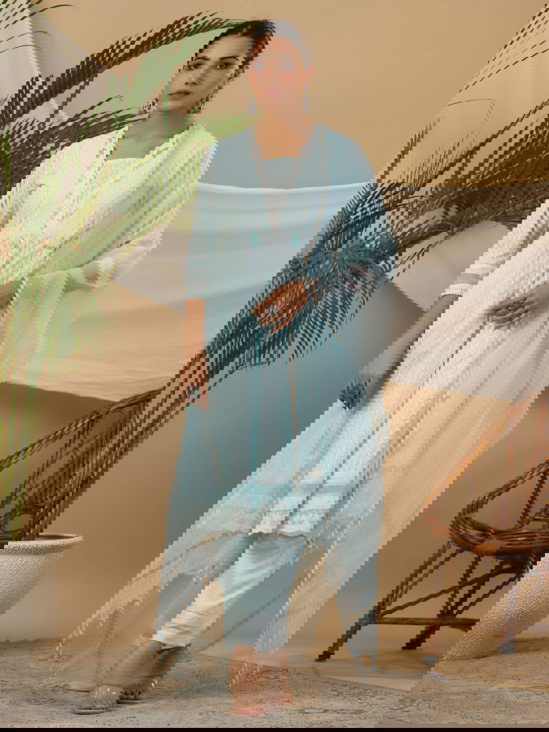 Juniper Ethnic Motif Print & Lacy Pure Cotton Kurta With Pant & Dupatta Set With Tassel Sequin & Buttons