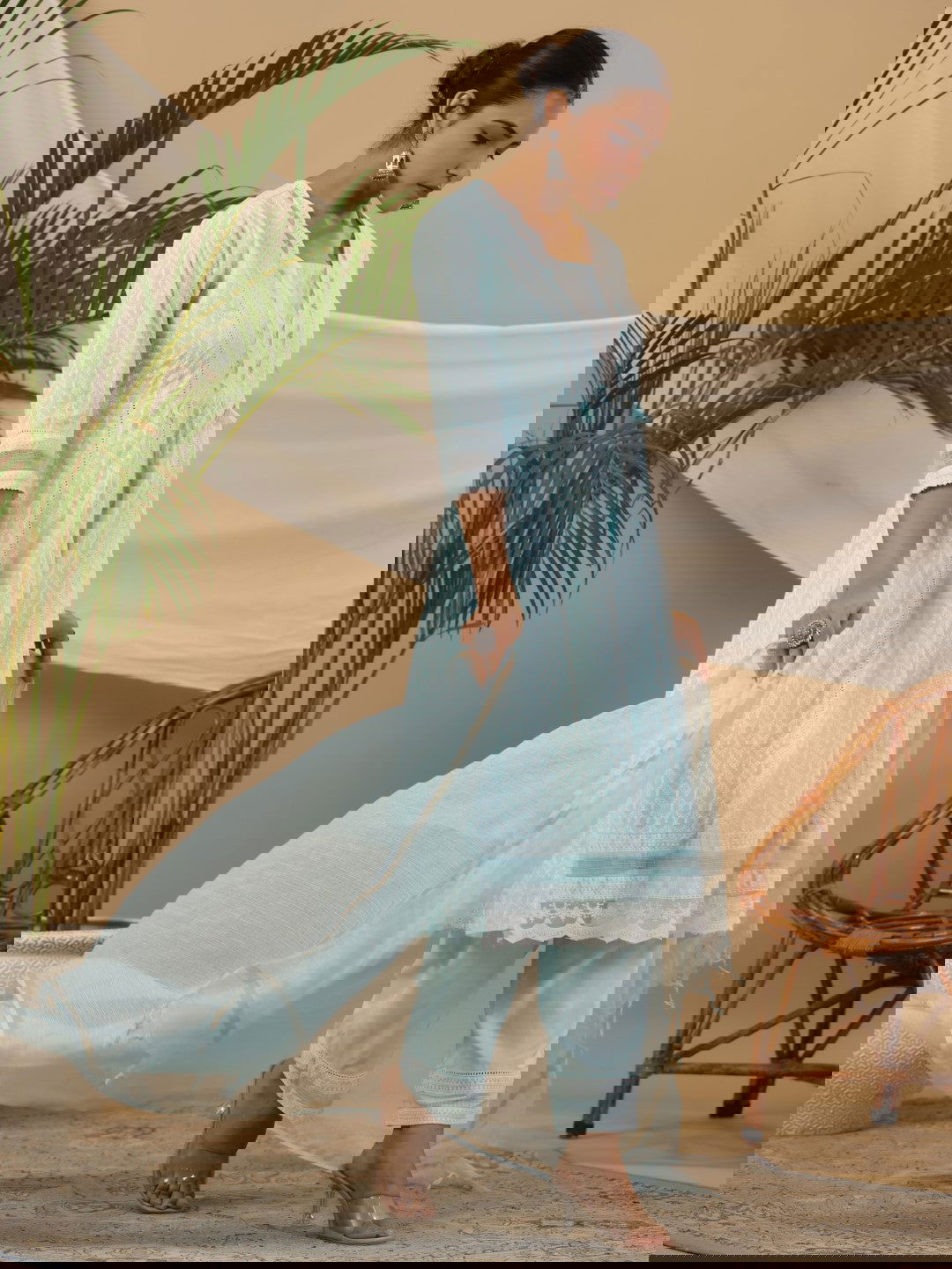 Juniper Ethnic Motif Print & Lacy Pure Cotton Kurta With Pant & Dupatta Set With Tassel Sequin & Buttons