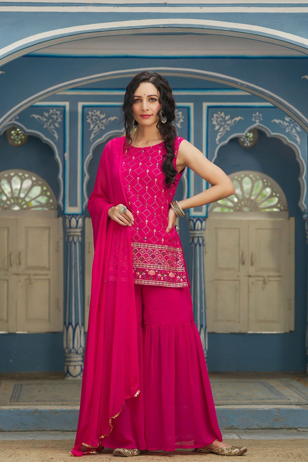 Juniper Ethnic Motif Printed Georgette Kurta Sharara & Chiffon Dupatta Set With Thread Work Embroidery