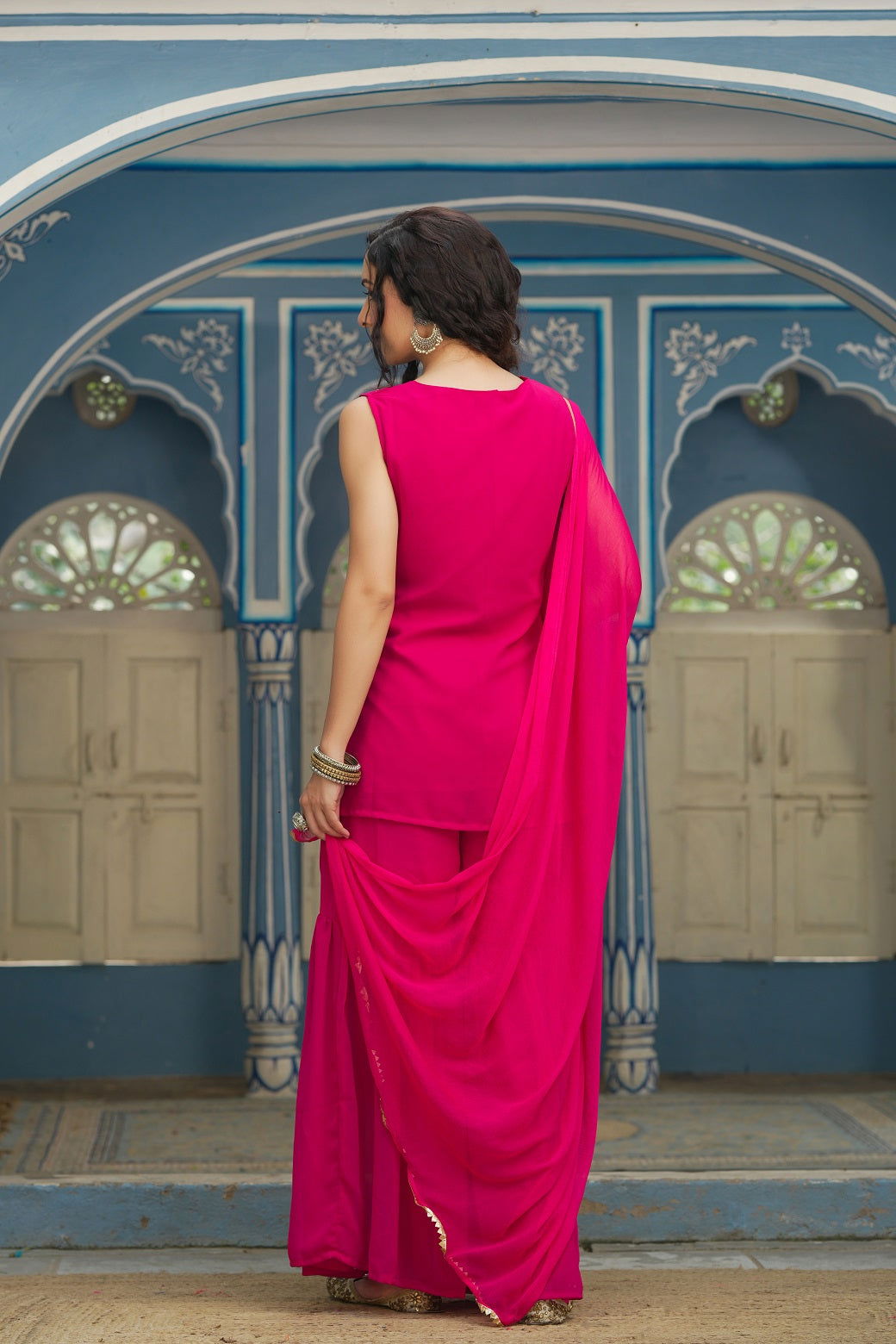 Juniper Ethnic Motif Printed Georgette Kurta Sharara & Chiffon Dupatta Set With Thread Work Embroidery