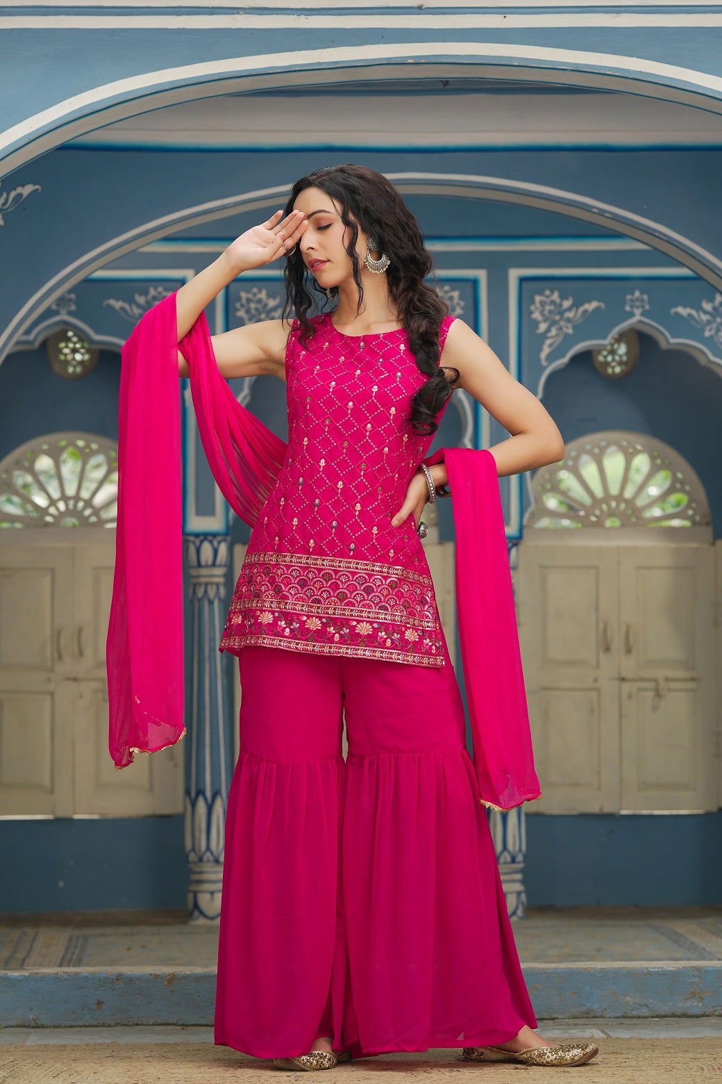 Juniper Ethnic Motif Printed Georgette Kurta Sharara & Chiffon Dupatta Set With Thread Work Embroidery