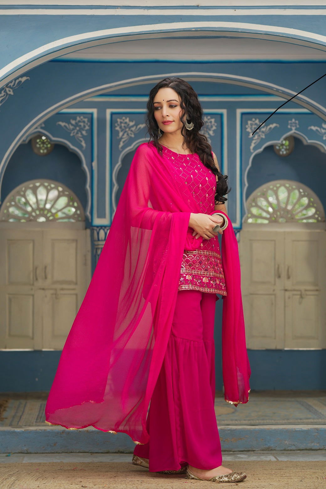 Juniper Ethnic Motif Printed Georgette Kurta Sharara & Chiffon Dupatta Set With Thread Work Embroidery