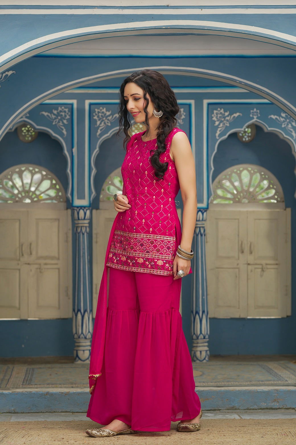Juniper Ethnic Motif Printed Georgette Kurta Sharara & Chiffon Dupatta Set With Thread Work Embroidery