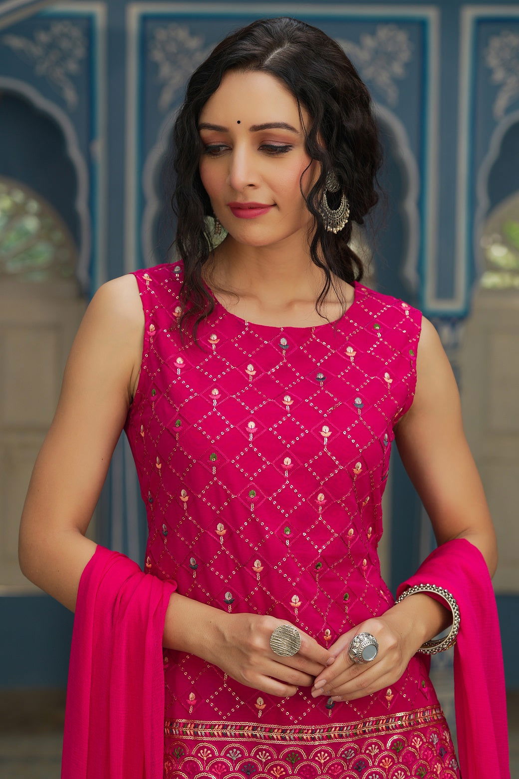 Juniper Ethnic Motif Printed Georgette Kurta Sharara & Chiffon Dupatta Set With Thread Work Embroidery