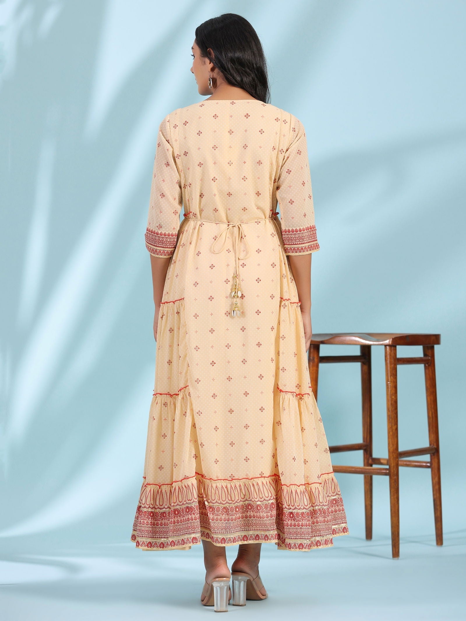 Juniper Festive Ivory Ethnic Motif Printed Tiered Dress With Sequins & Beadwork