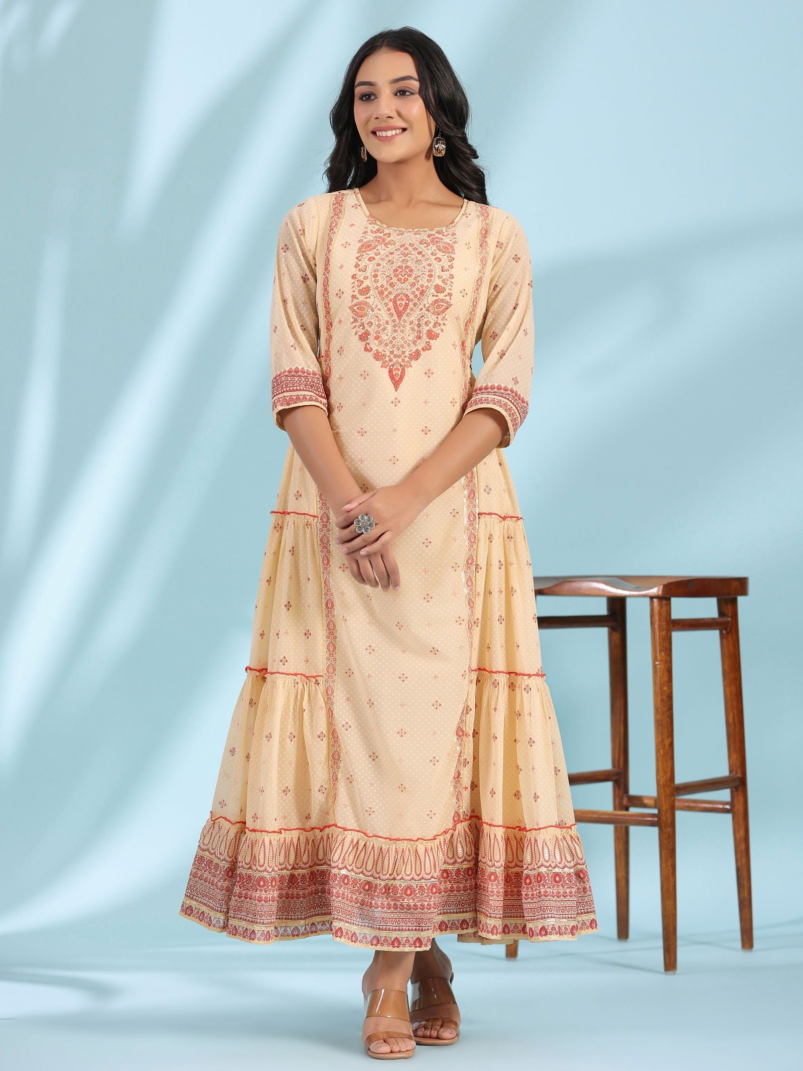 Juniper Festive Ivory Ethnic Motif Printed Tiered Dress With Sequins & Beadwork