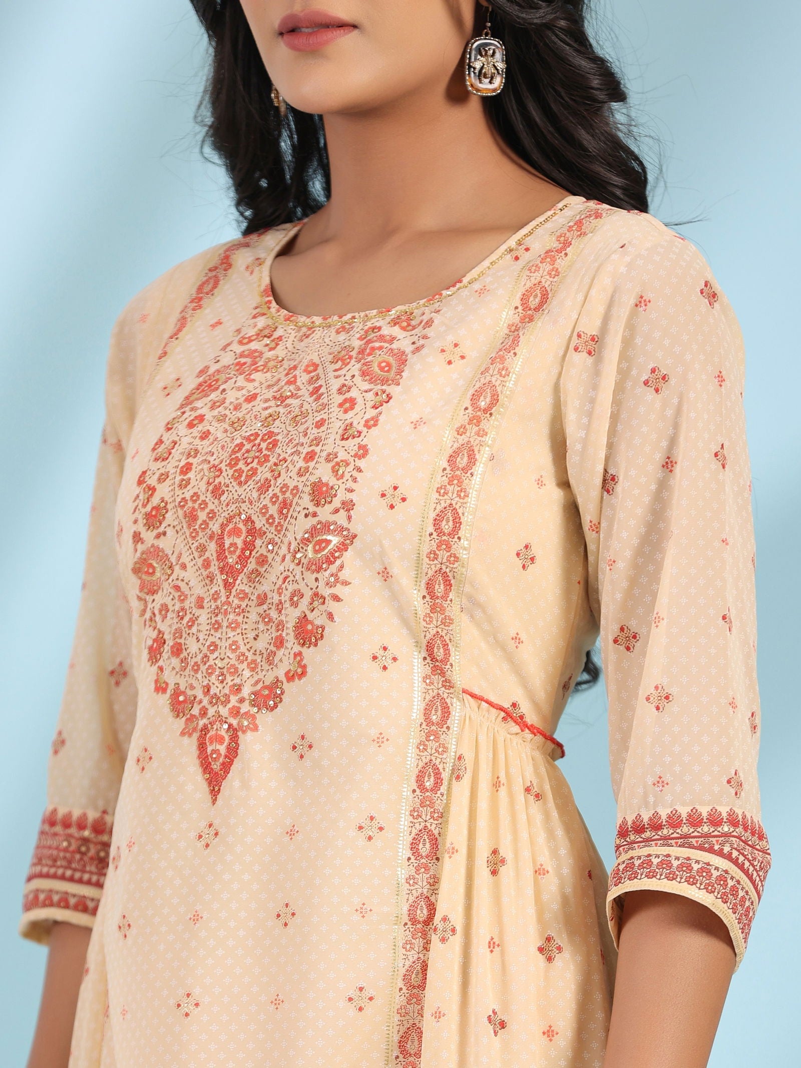 Juniper Festive Ivory Ethnic Motif Printed Tiered Dress With Sequins & Beadwork