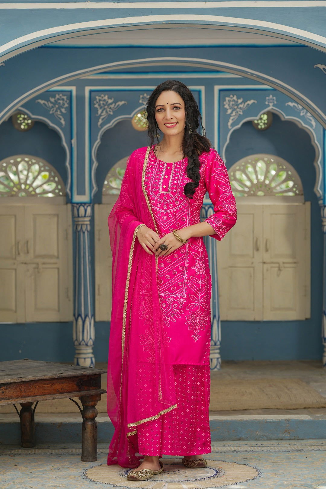Juniper Fuchsia Bandhani Printed Satin Kurta Palazzo & Net Dupatta set with Beads & Lace Work