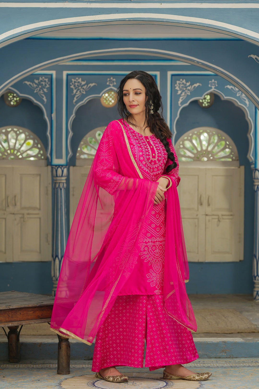 Juniper Fuchsia Bandhani Printed Satin Kurta Palazzo & Net Dupatta set with Beads & Lace Work