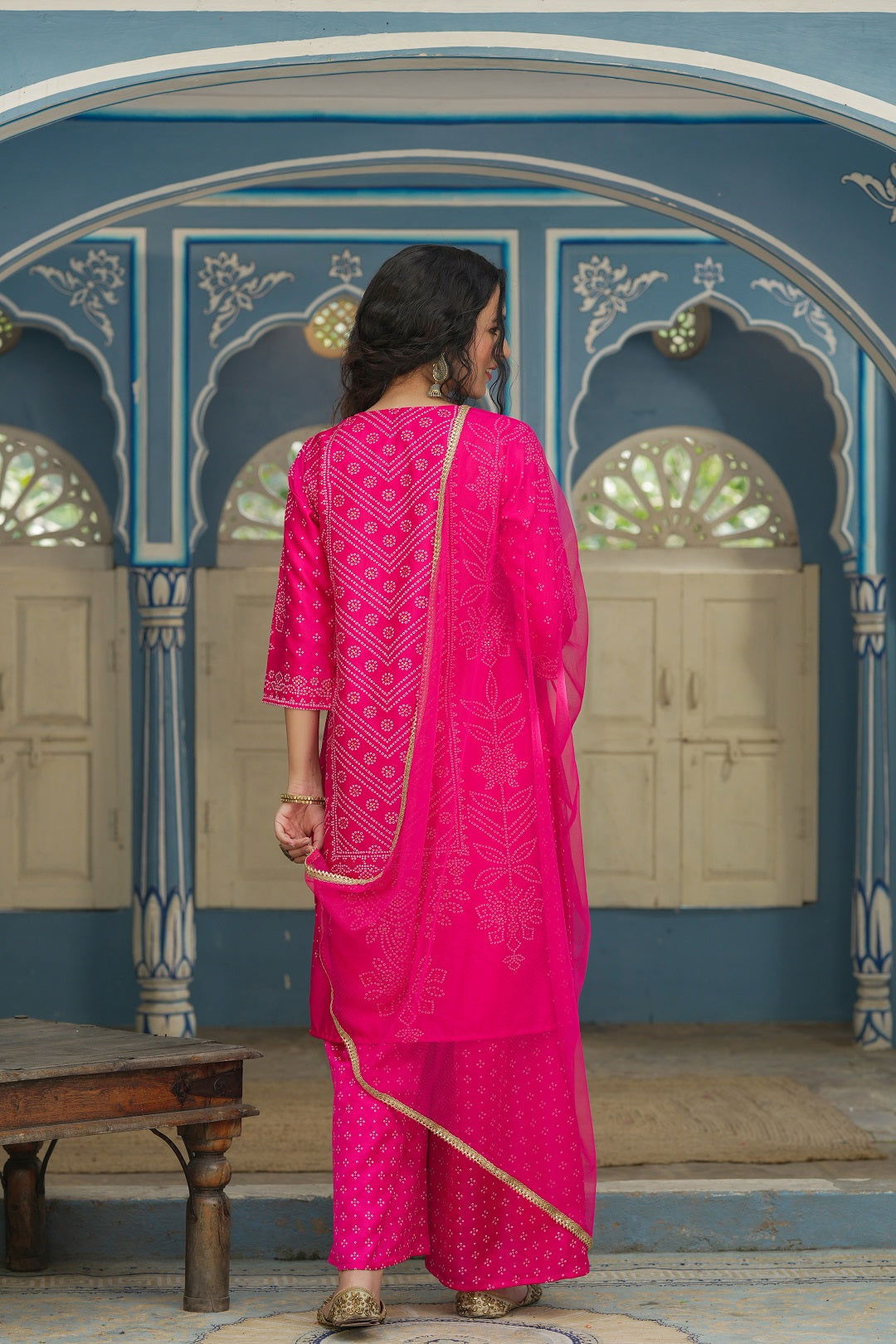 Juniper Fuchsia Bandhani Printed Satin Kurta Palazzo & Net Dupatta set with Beads & Lace Work