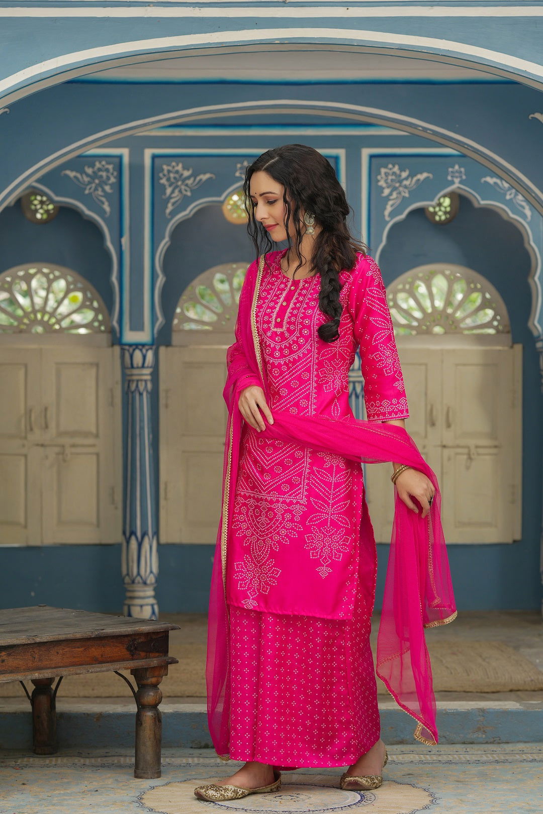 Juniper Fuchsia Bandhani Printed Satin Kurta Palazzo & Net Dupatta set with Beads & Lace Work