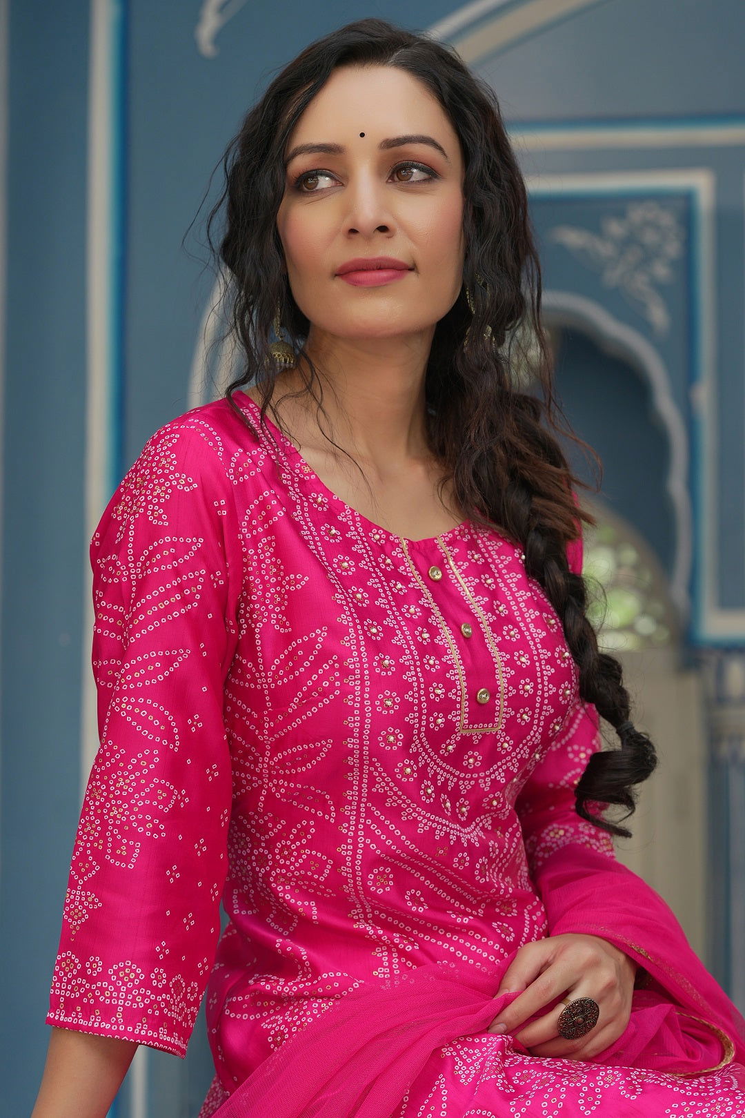 Juniper Fuchsia Bandhani Printed Satin Kurta Palazzo & Net Dupatta set with Beads & Lace Work