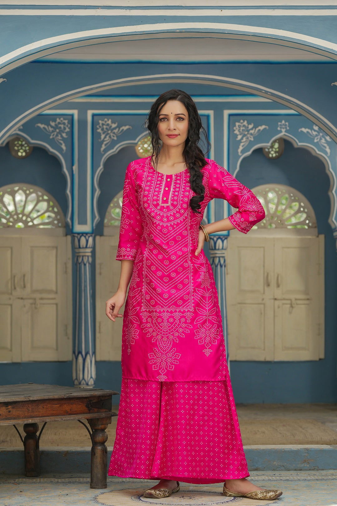 Juniper Fuchsia Bandhani Printed Satin Kurta Palazzo & Net Dupatta set with Beads & Lace Work