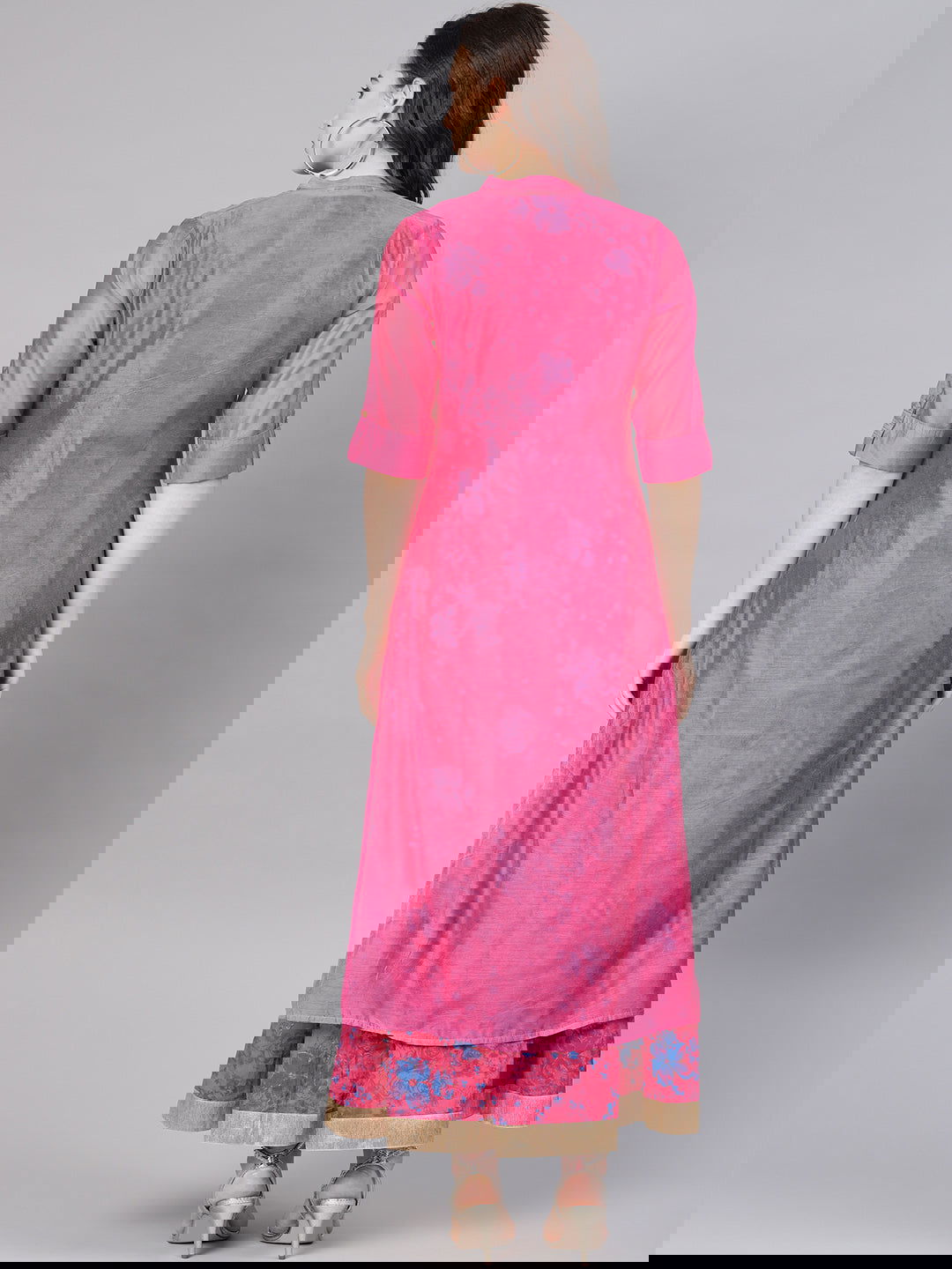 Juniper Fuchsia Chanderi Ethnic Motif Printed Layered Maxi Dress With Thread Work Embroidery