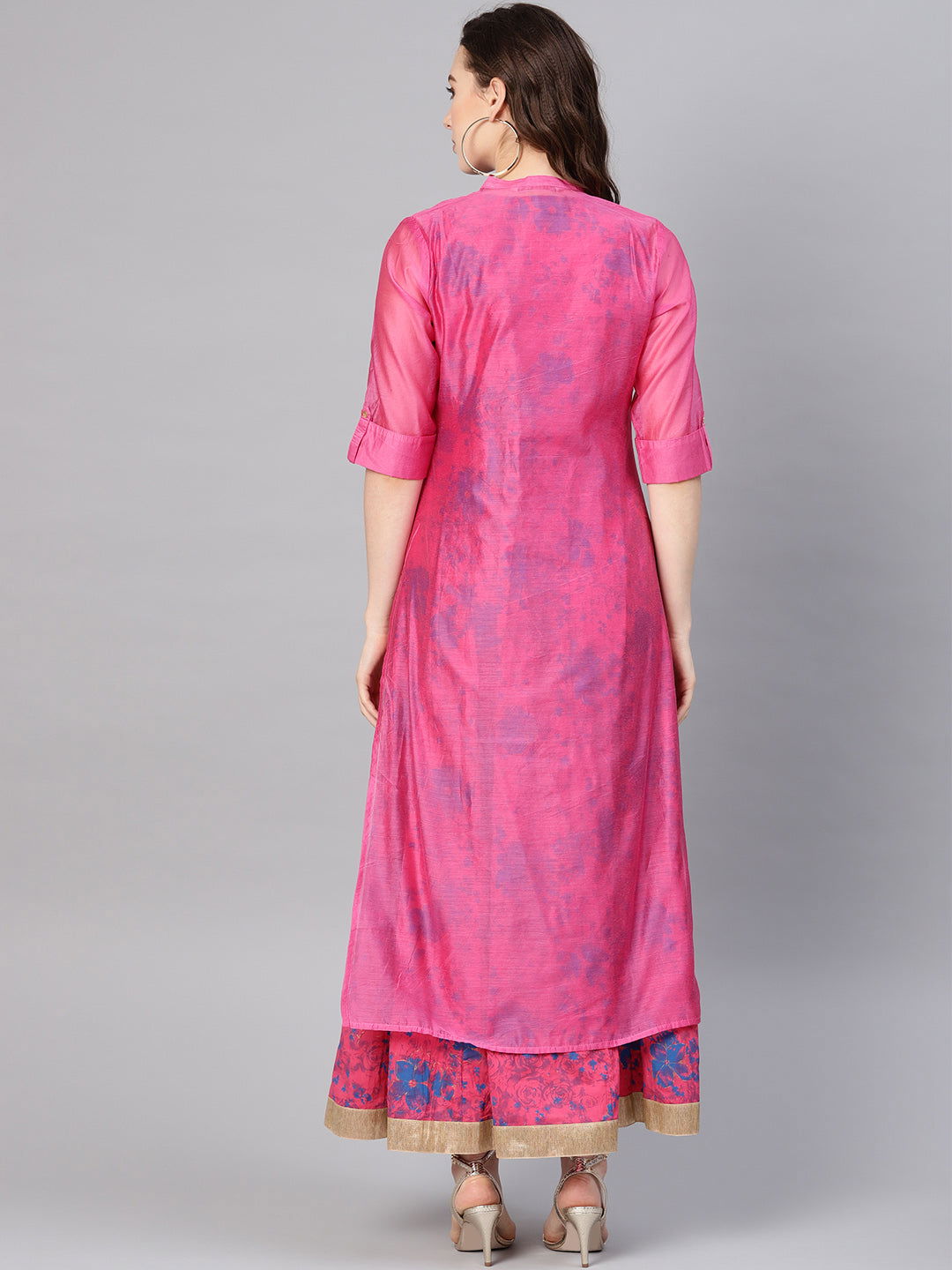 Juniper Fuchsia Chanderi Ethnic Motif Printed Layered Maxi Dress With Thread Work Embroidery