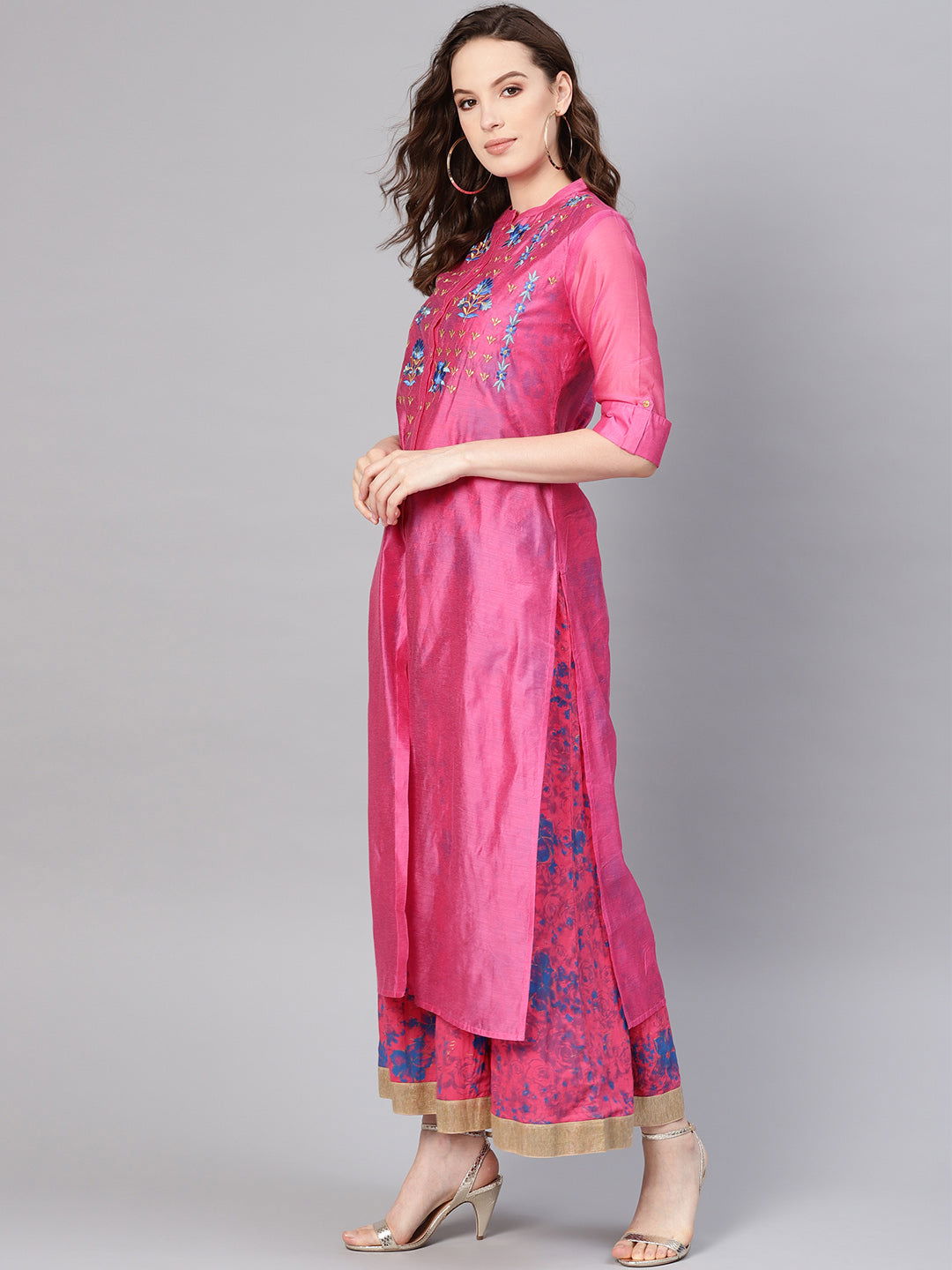 Juniper Fuchsia Chanderi Ethnic Motif Printed Layered Maxi Dress With Thread Work Embroidery