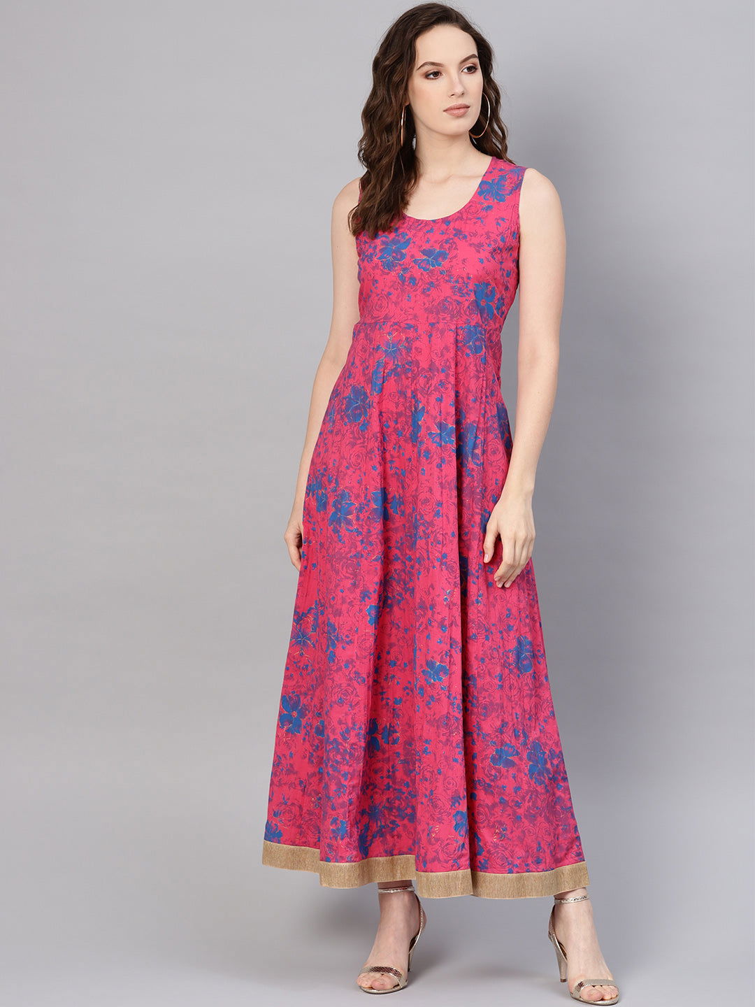 Juniper Fuchsia Chanderi Ethnic Motif Printed Layered Maxi Dress With Thread Work Embroidery
