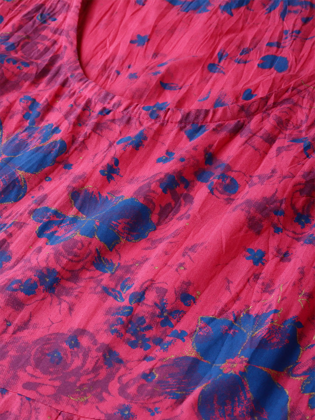 Juniper Fuchsia Chanderi Ethnic Motif Printed Layered Maxi Dress With Thread Work Embroidery