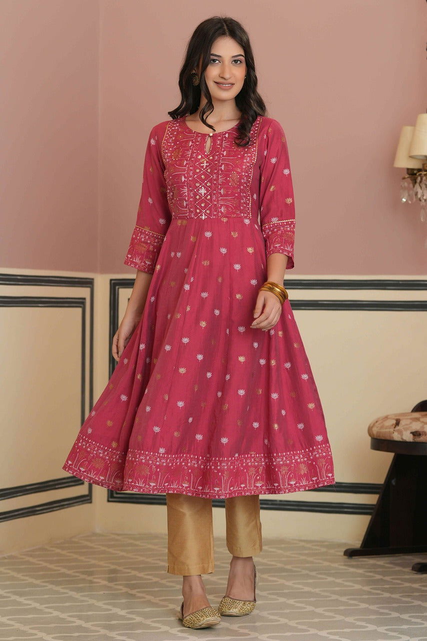 Juniper Fuchsia Chanderi Festive Handwork Sequence Anarkali Kurta For Women