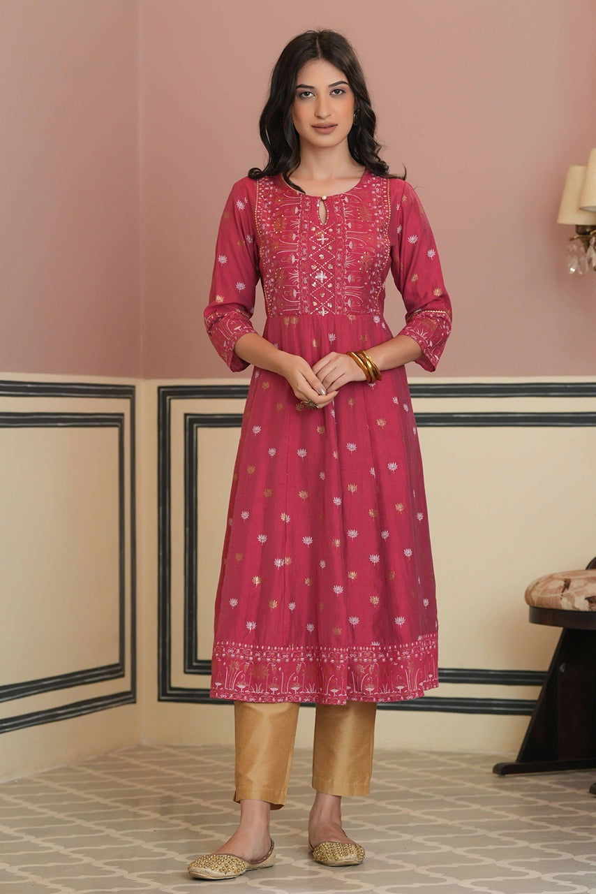 Juniper Fuchsia Chanderi Festive Handwork Sequence Anarkali Kurta For Women
