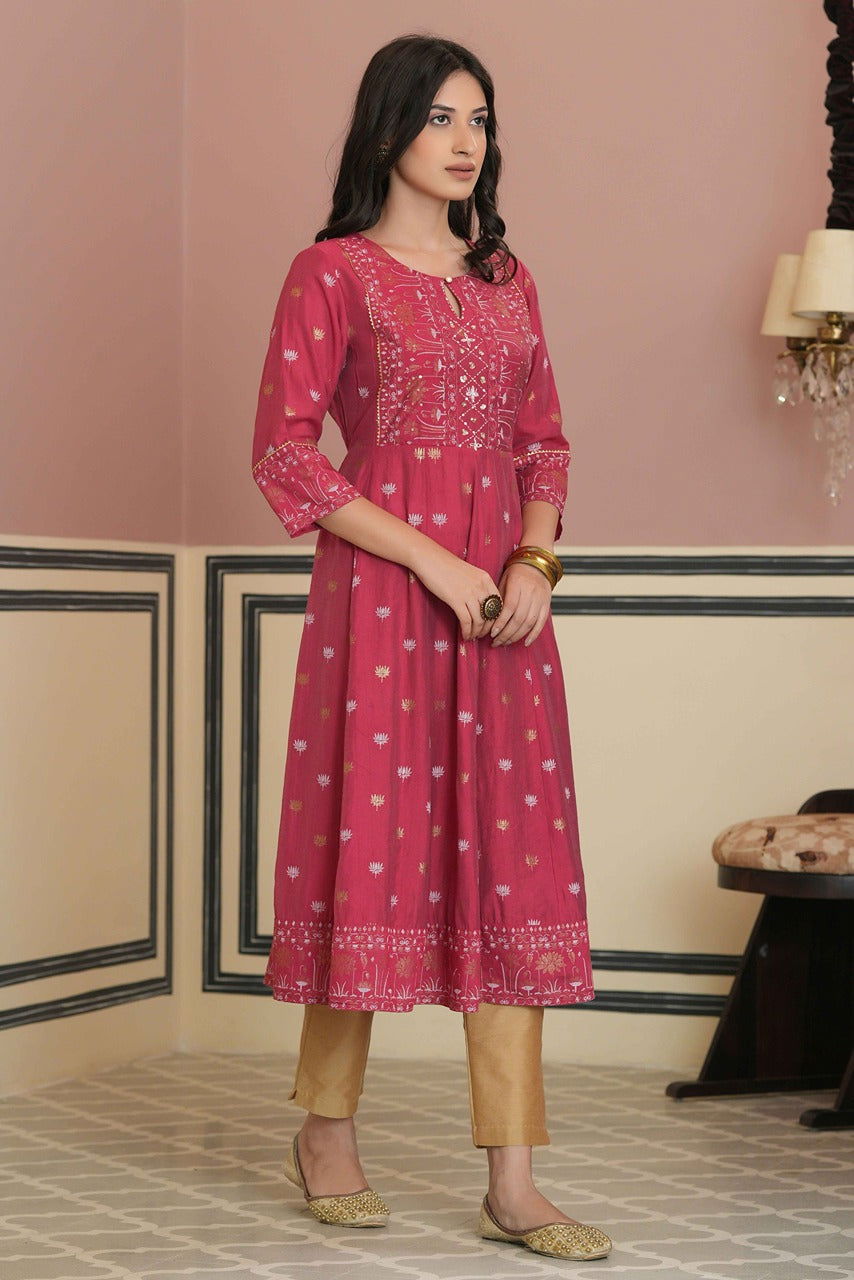 Juniper Fuchsia Chanderi Festive Handwork Sequence Anarkali Kurta For Women