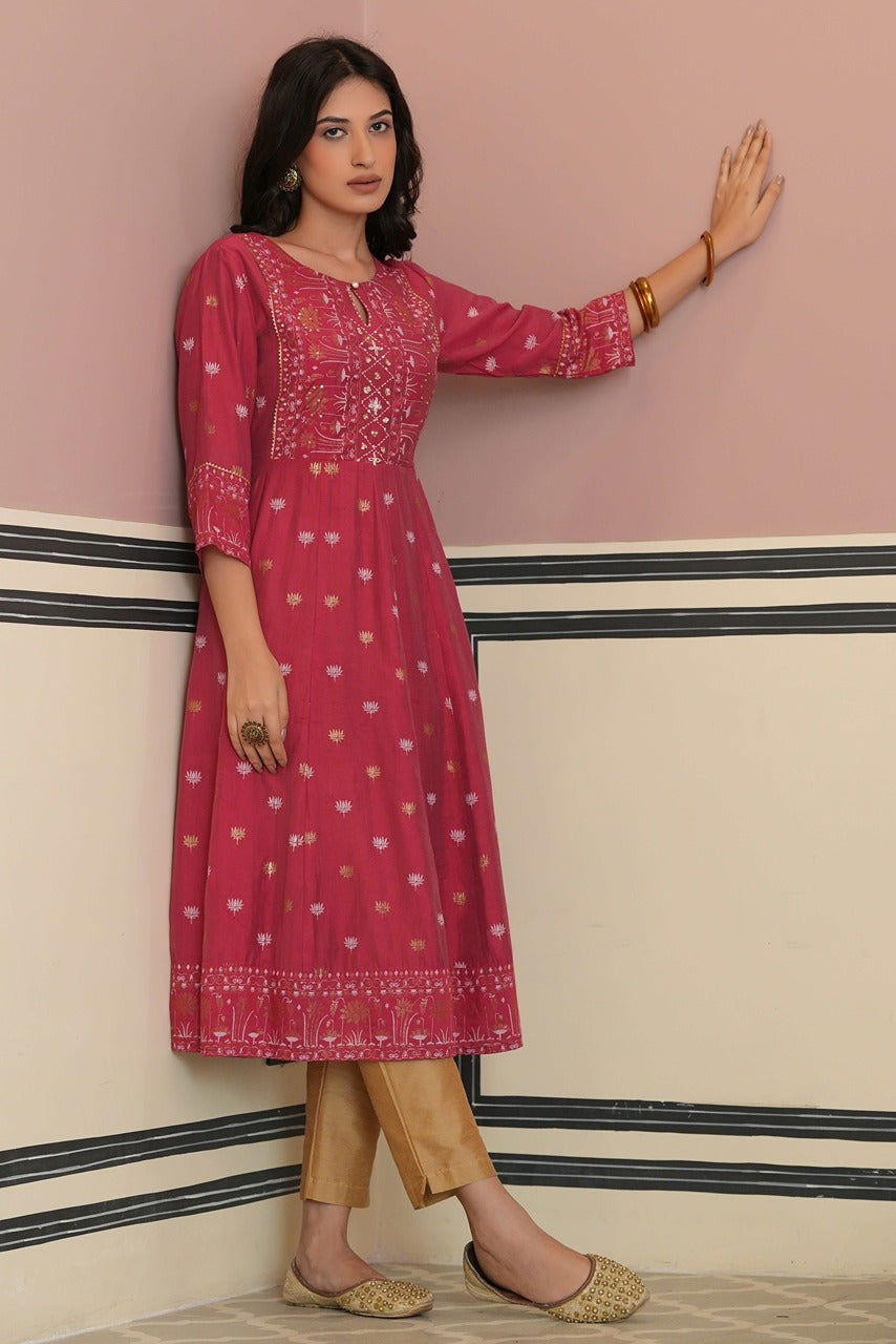 Juniper Fuchsia Chanderi Festive Handwork Sequence Anarkali Kurta For Women
