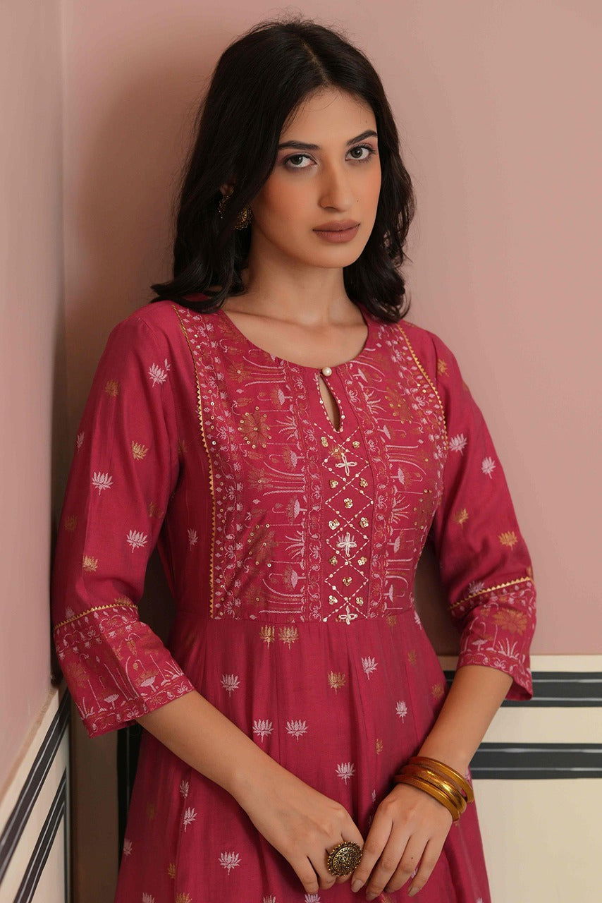 Juniper Fuchsia Chanderi Festive Handwork Sequence Anarkali Kurta For Women