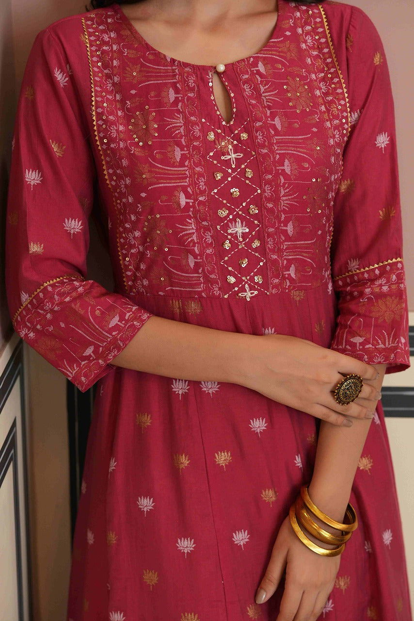 Juniper Fuchsia Chanderi Festive Handwork Sequence Anarkali Kurta For Women