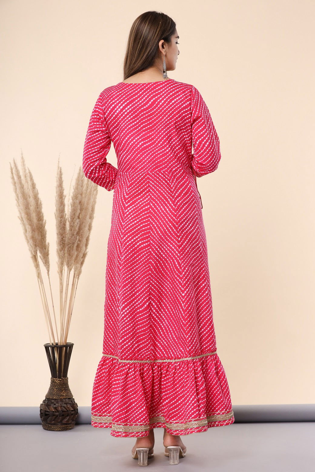 Juniper Fuchsia Cotton Leheriya Printed Anarkali Dress with Embroidered Yoke