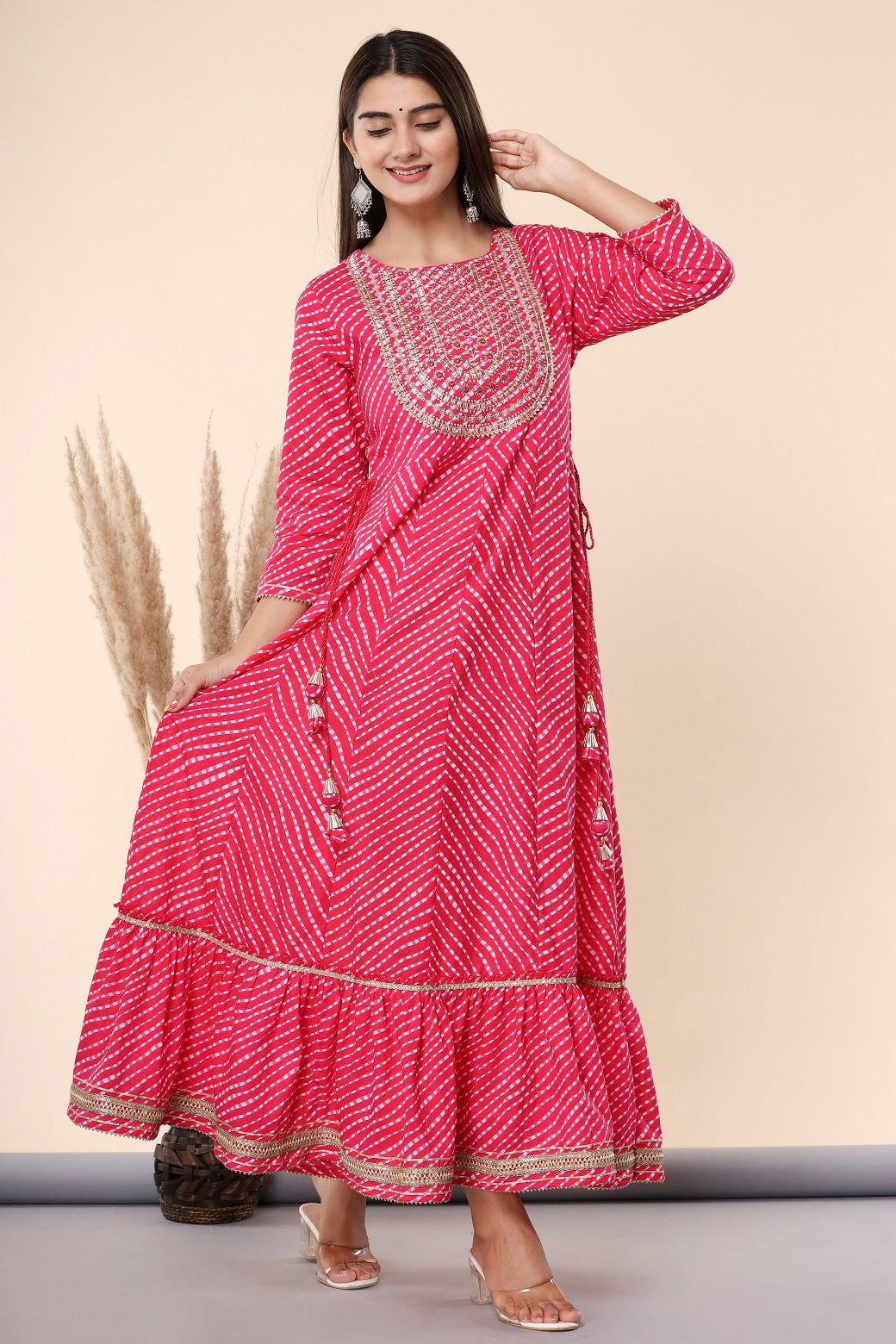 Juniper Fuchsia Cotton Leheriya Printed Anarkali Dress with Embroidered Yoke