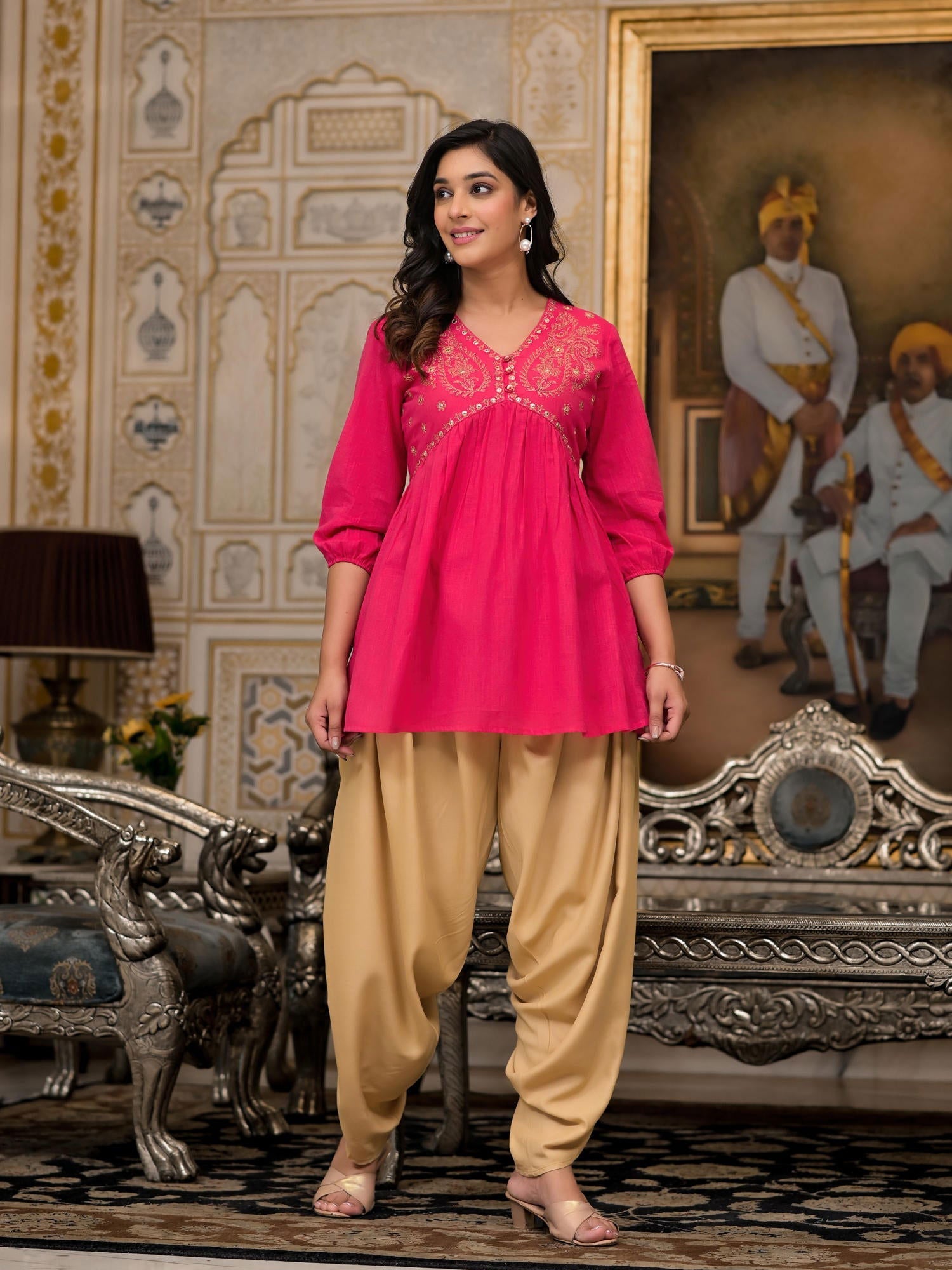 Fuchsia Embroidered Cotton Tunic & Pant Set with Mirror & Zari Work ...
