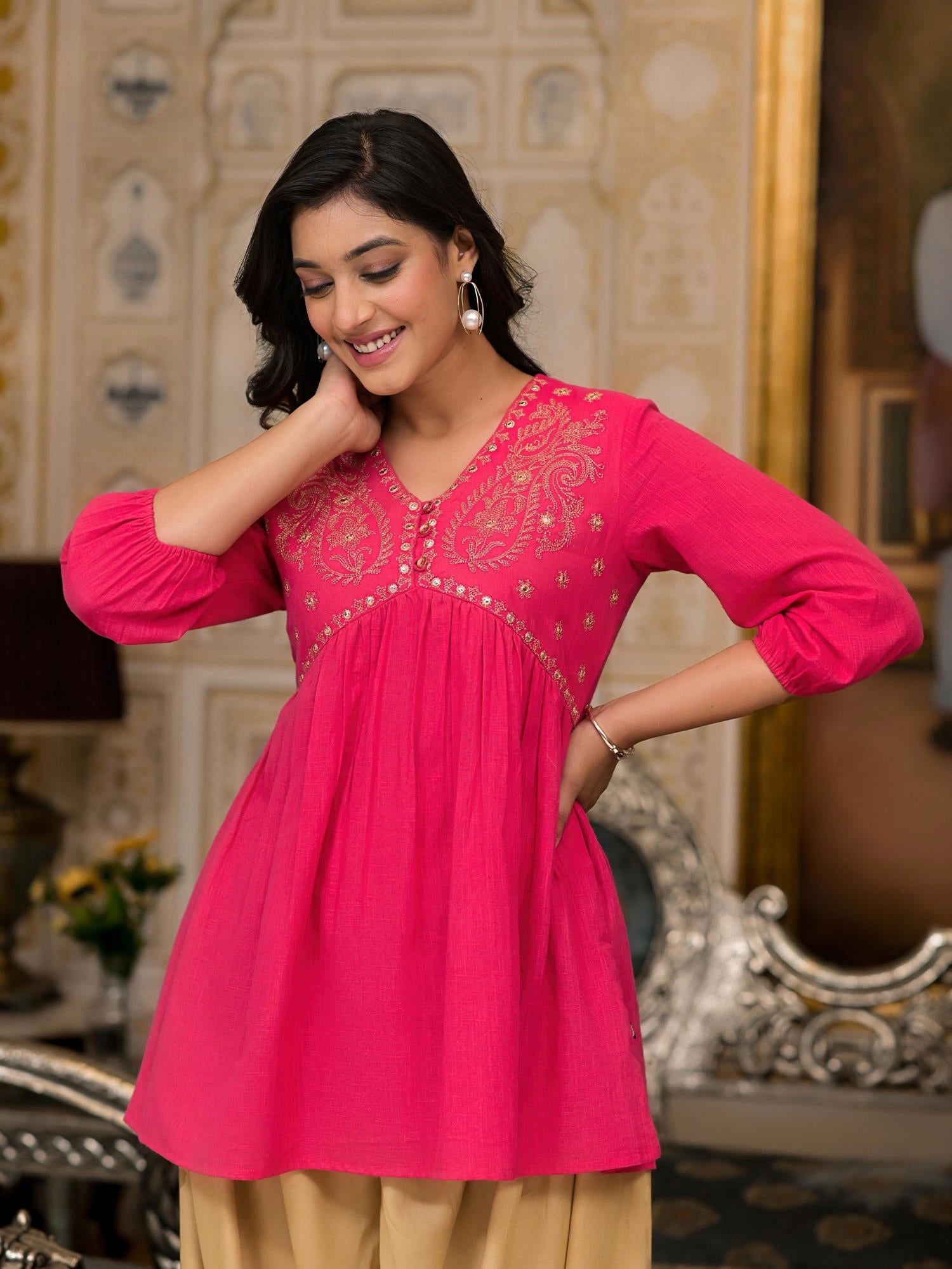 Juniper Fuchsia Embroidered Cotton Women Tunic And Pant Co-Ord Set With Mirror & Zari Work