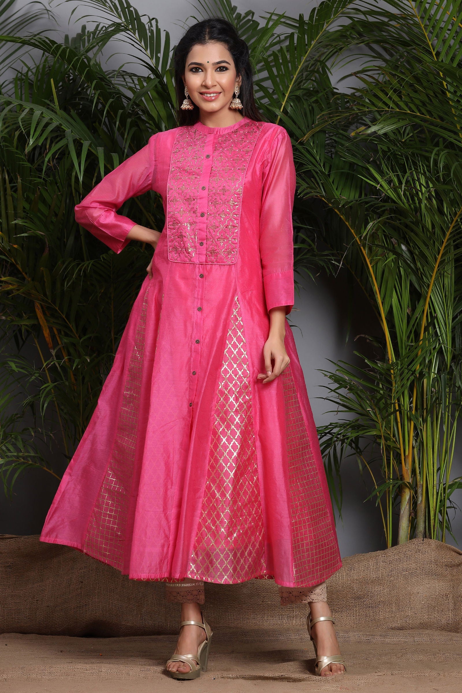 Juniper Fuchsia Ethnic Motif Printed Chanderi Embellished Anarkali Women Kurta