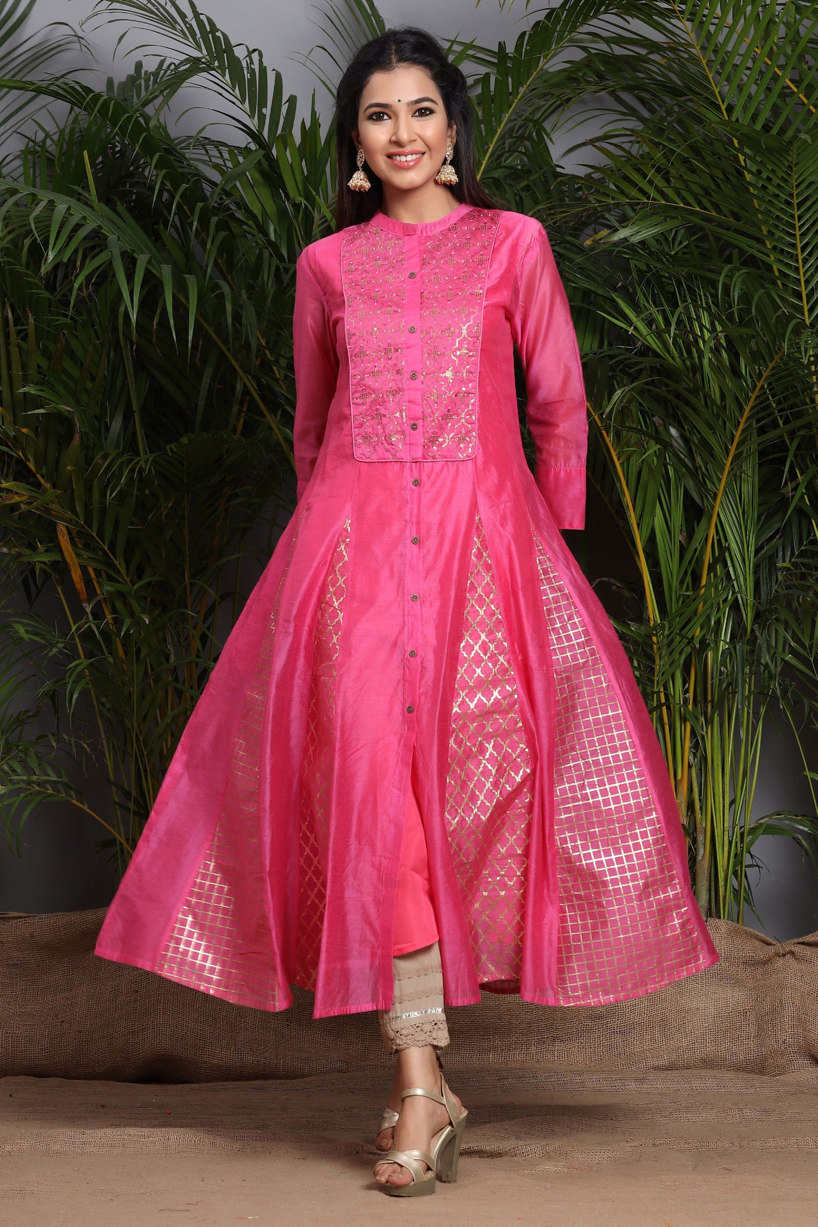 Juniper Fuchsia Ethnic Motif Printed Chanderi Embellished Anarkali Women Kurta