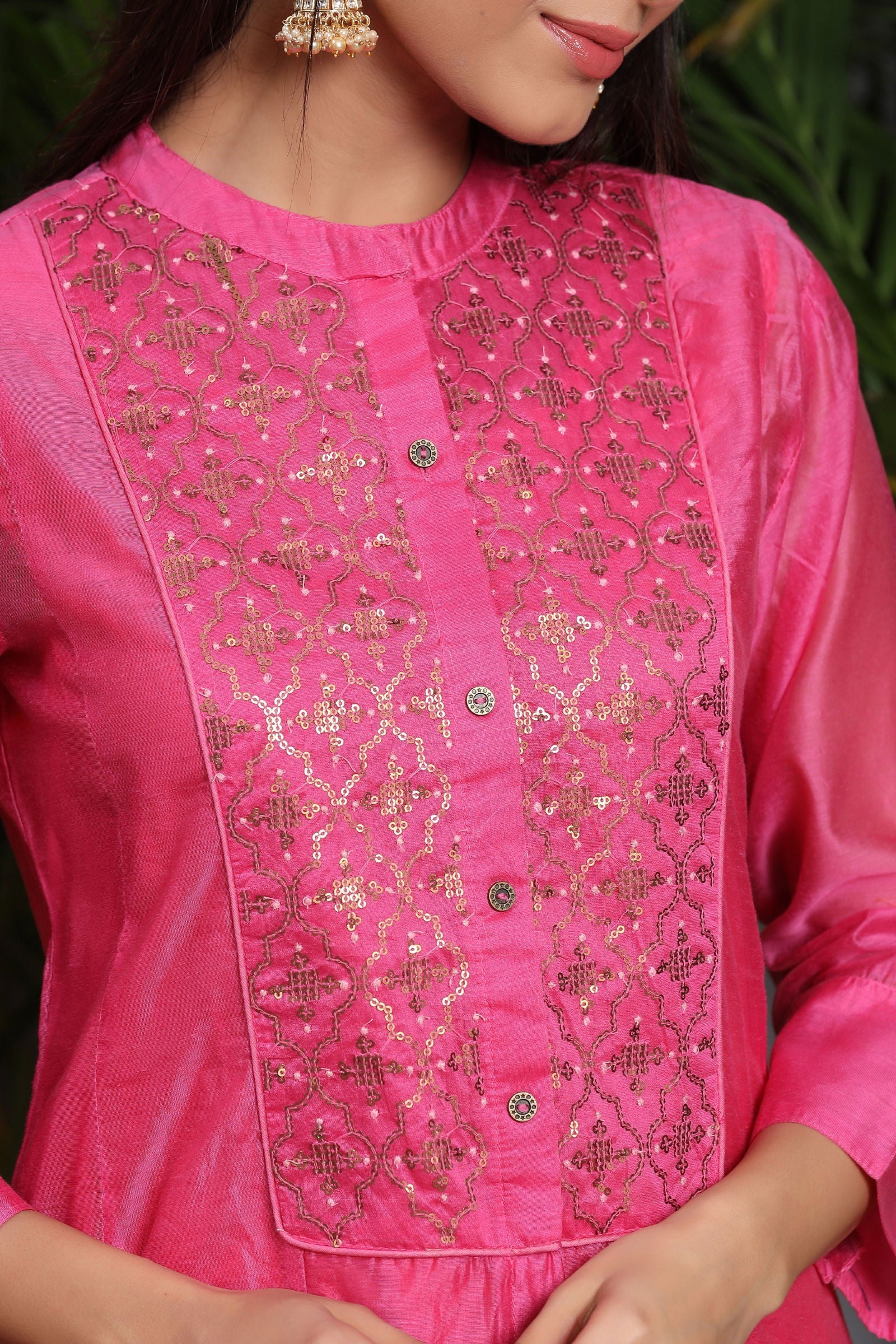 Juniper Fuchsia Ethnic Motif Printed Chanderi Embellished Anarkali Women Kurta