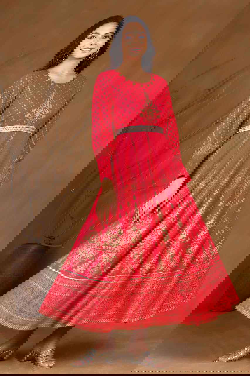 Juniper Fuchsia Ethnic Motif Printed Rayon Flared Maxi Dress.