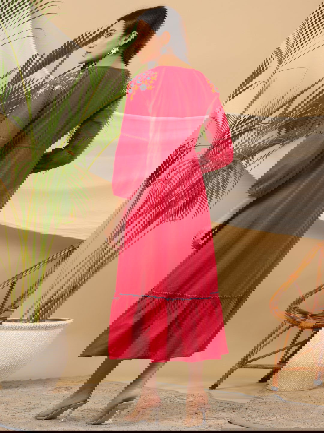 Juniper Fuchsia Floral Embroidered Cotton Dobby Tiered Maxi Dress With Kaudis & Colourful Tassels